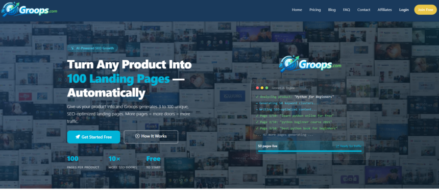 Groops: a IA que cria dezenas de landing pages SEO automaticamente